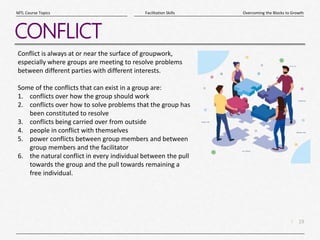 19
|
Overcoming the Blocks to Growth
Facilitation Skills
MTL Course Topics
CONFLICT
Conflict is always at or near the surface of groupwork,
especially where groups are meeting to resolve problems
between different parties with different interests.
Some of the conflicts that can exist in a group are:
1. conflicts over how the group should work
2. conflicts over how to solve problems that the group has
been constituted to resolve
3. conflicts being carried over from outside
4. people in conflict with themselves
5. power conflicts between group members and between
group members and the facilitator
6. the natural conflict in every individual between the pull
towards the group and the pull towards remaining a
free individual.
 
