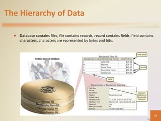 The Hierarchy of Data
 Database contains files, file contains records, record contains fields, field contains
characters, characters are represented by bytes and bits.
47
 