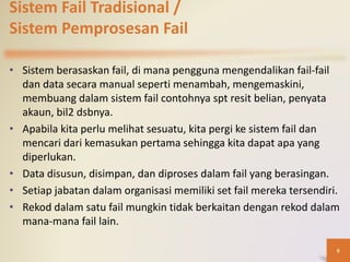 Sistem Fail Tradisional /
Sistem Pemprosesan Fail
• Sistem berasaskan fail, di mana pengguna mengendalikan fail-fail
dan data secara manual seperti menambah, mengemaskini,
membuang dalam sistem fail contohnya spt resit belian, penyata
akaun, bil2 dsbnya.
• Apabila kita perlu melihat sesuatu, kita pergi ke sistem fail dan
mencari dari kemasukan pertama sehingga kita dapat apa yang
diperlukan.
• Data disusun, disimpan, dan diproses dalam fail yang berasingan.
• Setiap jabatan dalam organisasi memiliki set fail mereka tersendiri.
• Rekod dalam satu fail mungkin tidak berkaitan dengan rekod dalam
mana-mana fail lain.
6
 