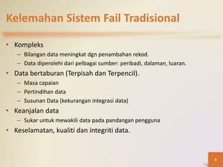 Kelemahan Sistem Fail Tradisional
• Kompleks
– Bilangan data meningkat dgn penambahan rekod.
– Data diperolehi dari pelbagai sumber: peribadi, dalaman, luaran.
• Data bertaburan (Terpisah dan Terpencil).
– Masa capaian
– Pertindihan data
– Susunan Data (kekurangan integrasi data)
• Keanjalan data
– Sukar untuk mewakili data pada pandangan pengguna
• Keselamatan, kualiti dan integriti data.
8
 