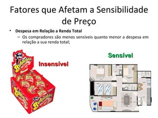 Fatores que Afetam a Sensibilidade
             de Preço
• Despesa em Relação a Renda Total
   – Os compradores são menos sensíveis quanto menor a despesa em
     relação a sua renda total;


                                             Sensível
             Insensível
 
