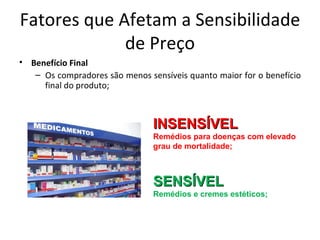Fatores que Afetam a Sensibilidade
             de Preço
• Benefício Final
   – Os compradores são menos sensíveis quanto maior for o benefício
     final do produto;



                                INSENSÍVEL
                                Remédios para doenças com elevado
                                grau de mortalidade;



                                SENSÍVEL
                                Remédios e cremes estéticos;
 
