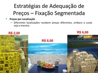 Estratégias de Adequação de
      Preços – Fixação Segmentada
•   Preços por Localização
     – Diferentes localizações recebem preços diferentes, embora o custo
       seja o mesmo.

    R$ 2,00                                                R$ 6,00

                              R$ 8,00
 