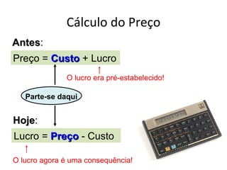 Cálculo do Preço
Antes:
Antes
Preço = Custo + Lucro
              O lucro era pré-estabelecido!

   Parte-se daqui


Hoje:
Hoje
Lucro = Preço - Custo

O lucro agora é uma consequência!
 