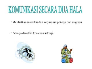 KOMUNIKASI SECARA DUA HALA Melibatkan interaksi dan kerjasama pekerja dan majikan Pekerja diwakili kesatuan sekerja 