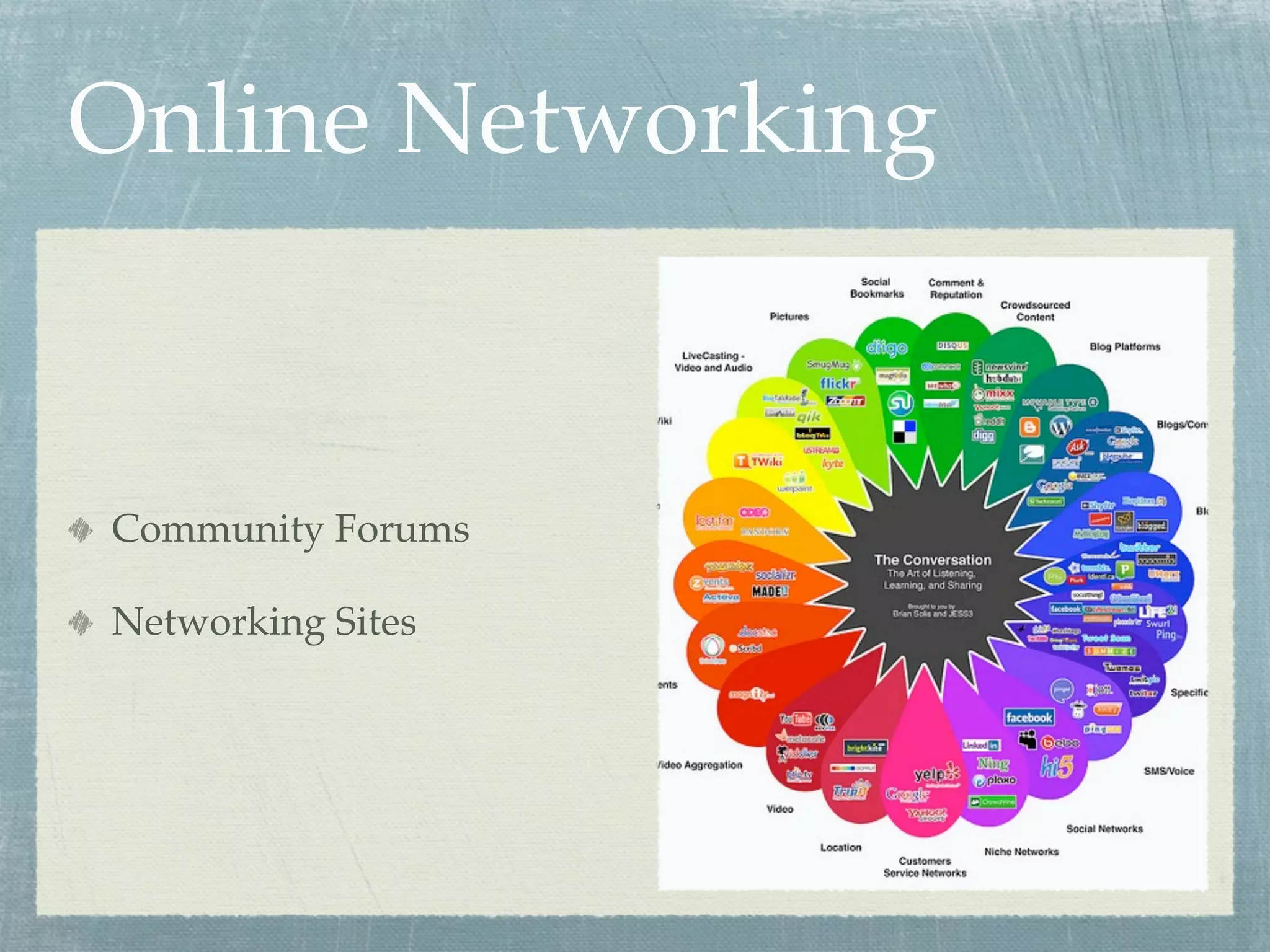 Online Networking
Community Forums
Networking Sites