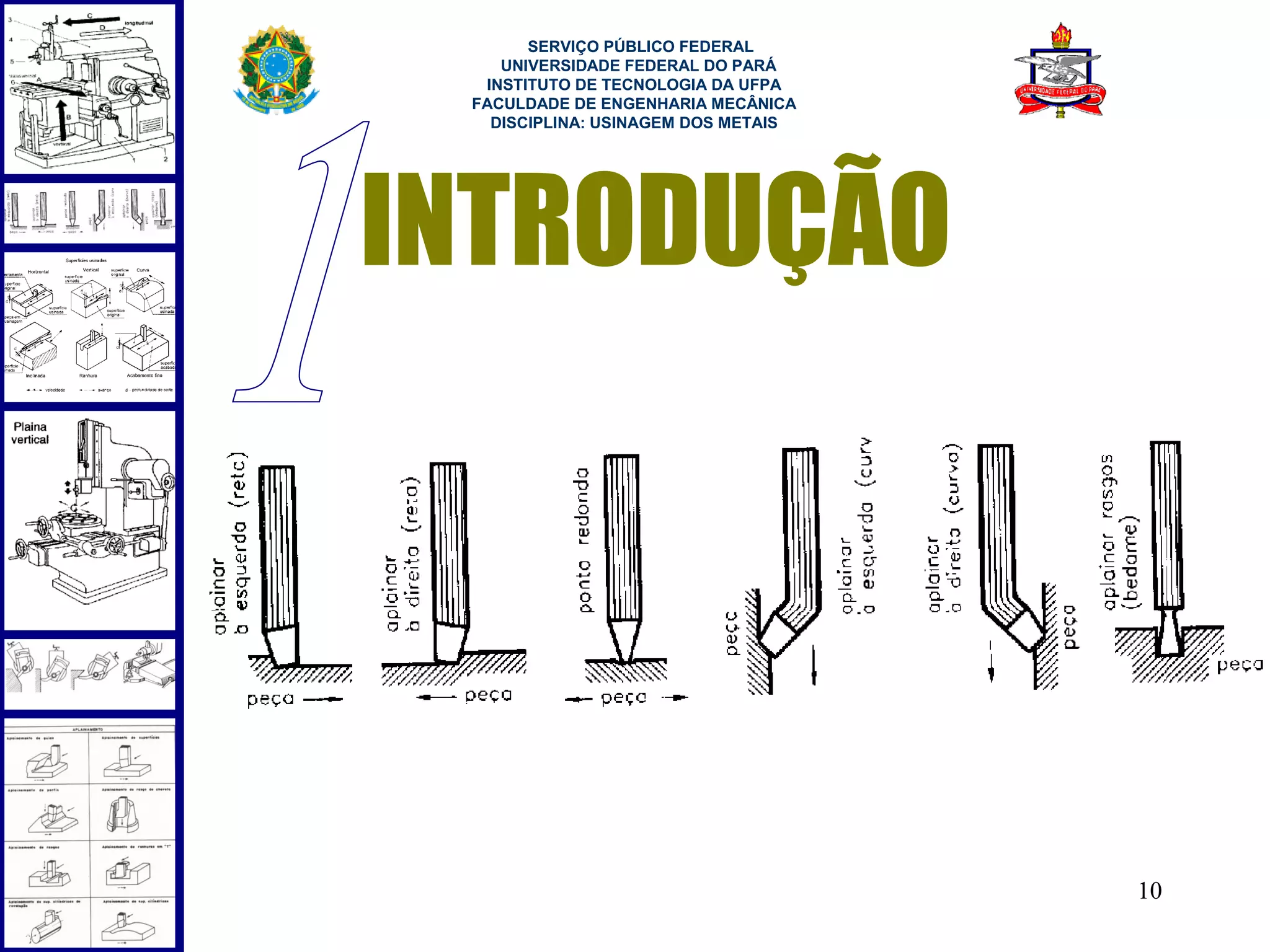  
       SERVIÇO PÚBLICO FEDERAL
    UNIVERSIDADE FEDERAL DO PARÁ
  INSTITUTO DE TECNOLOGIA DA UFPA
 FACULDADE DE ENGENHARIA MECÂNICA
   DISCIPLINA: USINAGEM DOS METAIS




INTRODUÇÃO




                                     10
 