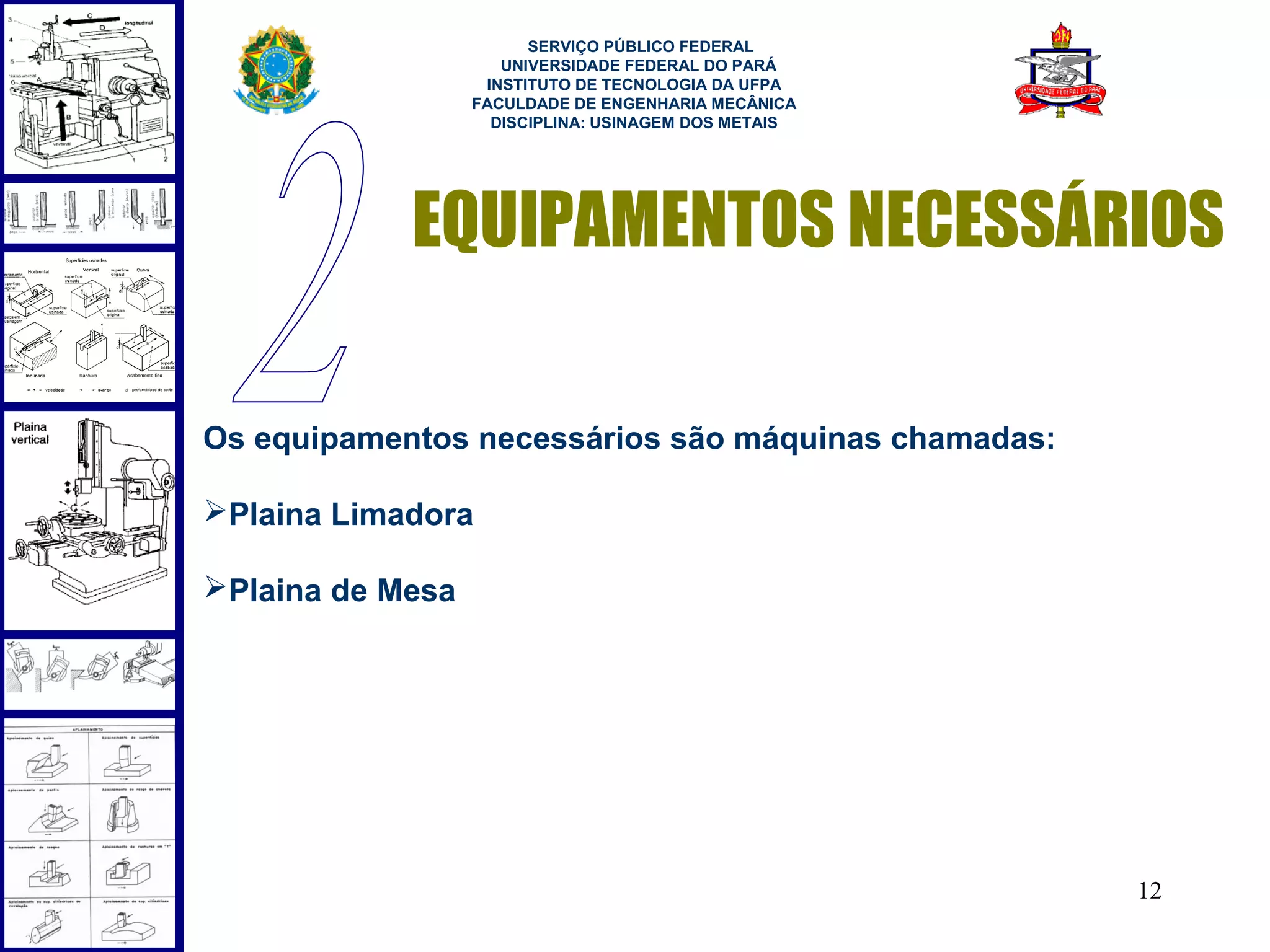  
                        SERVIÇO PÚBLICO FEDERAL
                     UNIVERSIDADE FEDERAL DO PARÁ
                   INSTITUTO DE TECNOLOGIA DA UFPA
                  FACULDADE DE ENGENHARIA MECÂNICA
                    DISCIPLINA: USINAGEM DOS METAIS




            EQUIPAMENTOS NECESSÁRIOS

Os equipamentos necessários são máquinas chamadas:

Plaina Limadora

Plaina de Mesa




                                                      12
 