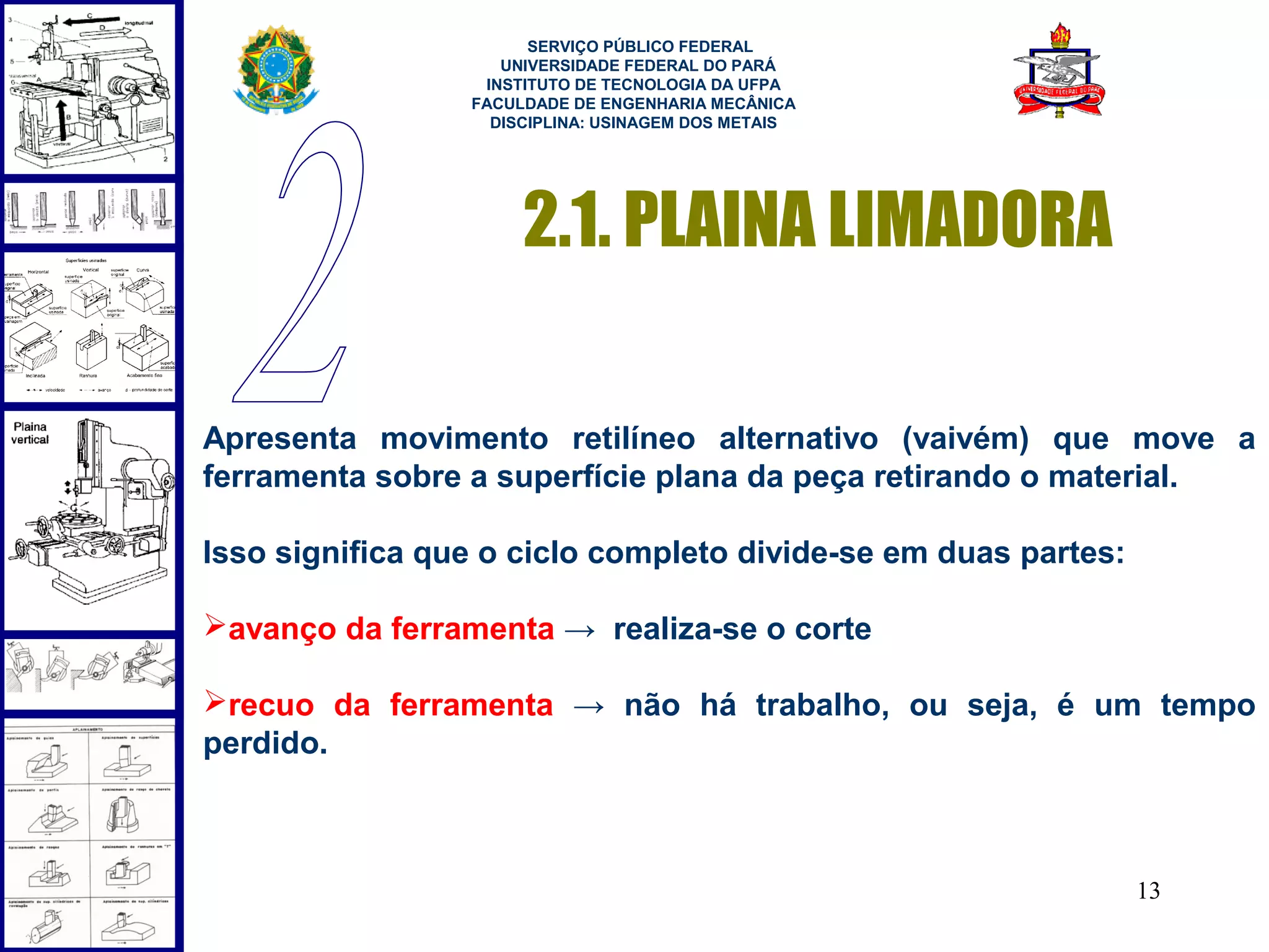  
                       SERVIÇO PÚBLICO FEDERAL
                    UNIVERSIDADE FEDERAL DO PARÁ
                  INSTITUTO DE TECNOLOGIA DA UFPA
                 FACULDADE DE ENGENHARIA MECÂNICA
                   DISCIPLINA: USINAGEM DOS METAIS




                      2.1. PLAINA LIMADORA

Apresenta movimento retilíneo alternativo (vaivém) que move a
ferramenta sobre a superfície plana da peça retirando o material.

Isso significa que o ciclo completo divide-se em duas partes:

avanço da ferramenta → realiza-se o corte

recuo da ferramenta → não há trabalho, ou seja, é um tempo
perdido.



                                                                13
 
