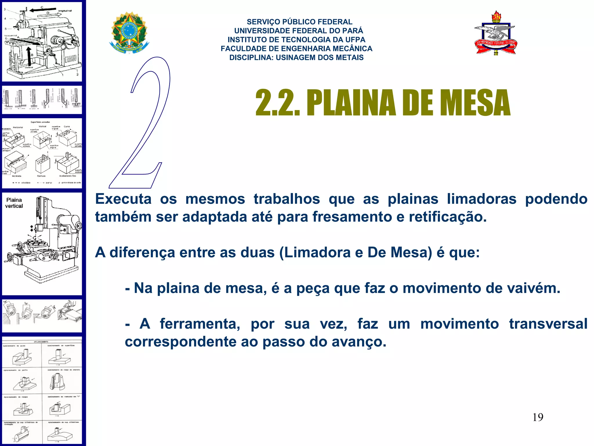  
                       SERVIÇO PÚBLICO FEDERAL
                    UNIVERSIDADE FEDERAL DO PARÁ
                  INSTITUTO DE TECNOLOGIA DA UFPA
                 FACULDADE DE ENGENHARIA MECÂNICA
                   DISCIPLINA: USINAGEM DOS METAIS




                        2.2. PLAINA DE MESA

Executa os mesmos trabalhos que as plainas Iimadoras podendo
também ser adaptada até para fresamento e retificação.

A diferença entre as duas (Limadora e De Mesa) é que:

    - Na plaina de mesa, é a peça que faz o movimento de vaivém.

    - A ferramenta, por sua vez, faz um movimento transversal
    correspondente ao passo do avanço.




                                                            19
 
