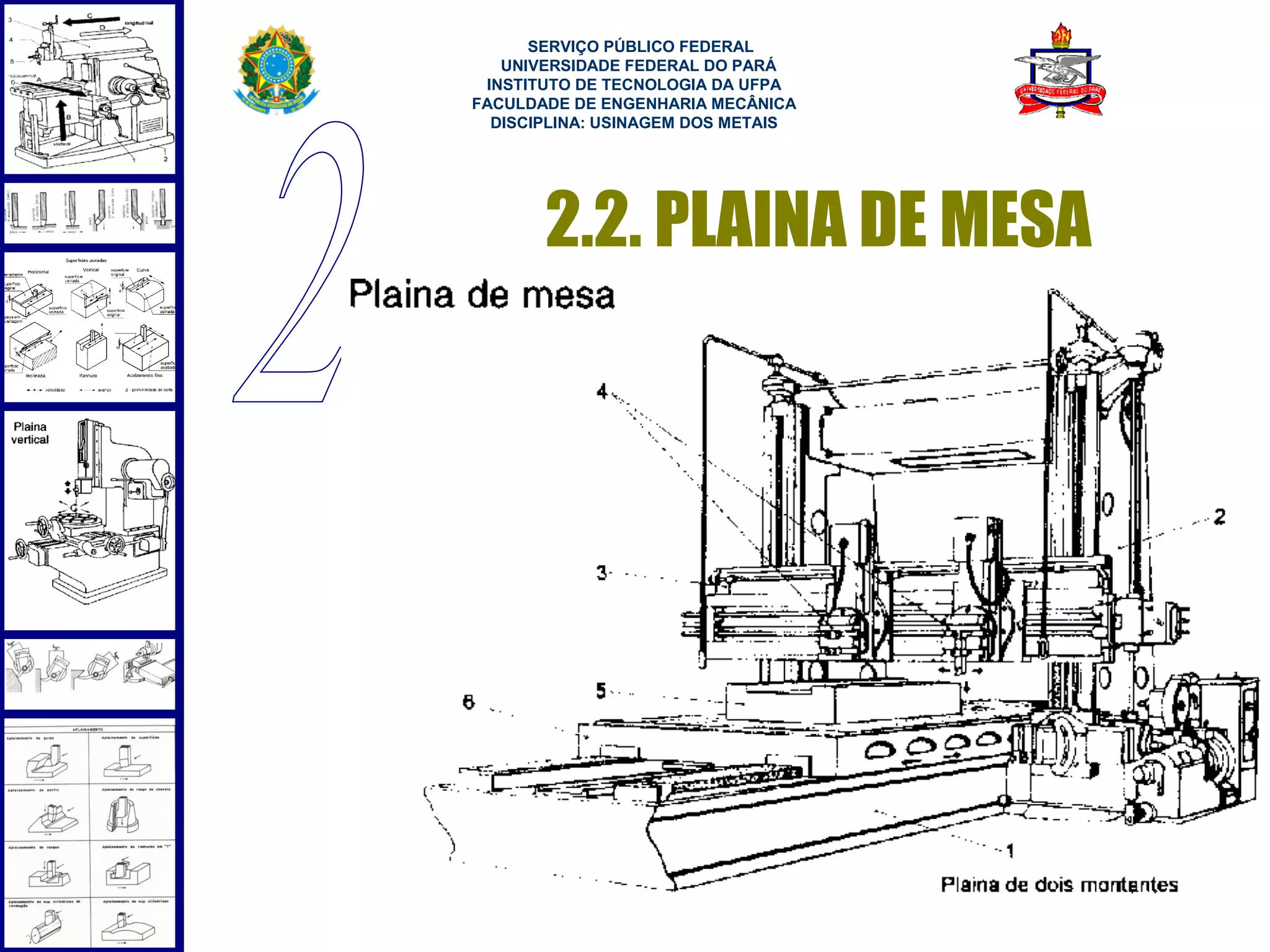  
      SERVIÇO PÚBLICO FEDERAL
   UNIVERSIDADE FEDERAL DO PARÁ
 INSTITUTO DE TECNOLOGIA DA UFPA
FACULDADE DE ENGENHARIA MECÂNICA
  DISCIPLINA: USINAGEM DOS METAIS




       2.2. PLAINA DE MESA




                                    20
 
