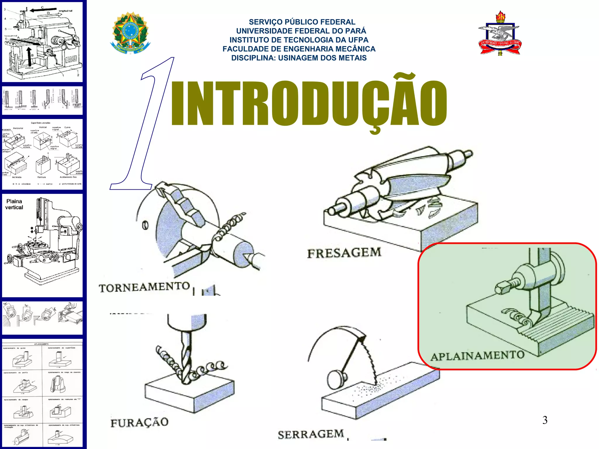  
       SERVIÇO PÚBLICO FEDERAL
    UNIVERSIDADE FEDERAL DO PARÁ
  INSTITUTO DE TECNOLOGIA DA UFPA
 FACULDADE DE ENGENHARIA MECÂNICA
   DISCIPLINA: USINAGEM DOS METAIS




INTRODUÇÃO




                                     3
 