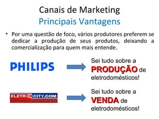 Canais de Marketing
            Principais Vantagens
• Por uma questão de foco, vários produtores preferem se
  dedicar a produção de seus produtos, deixando a
  comercialização para quem mais entende.

                                Sei tudo sobre a
                                PRODUÇÃO de
                                eletrodomésticos!

                                Sei tudo sobre a
                                VENDA de
                                eletrodomésticos!
 