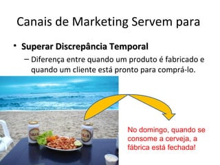 Canais de Marketing Servem para
• Superar Discrepância Temporal
  – Diferença entre quando um produto é fabricado e
    quando um cliente está pronto para comprá-lo.




                              No domingo, quando se
                              consome a cerveja, a
                              fábrica está fechada!
 