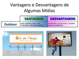 Vantagens e Desvantagens de
         Algumas Mídias
               VANTAGENS                         DESVANTAGENS
Outdoor   Ampla cobertura, baixo custo,        Simplicidade, poucos locais, e questões
          simplicidade e elevada frequência.   legais de paisagismos.
 