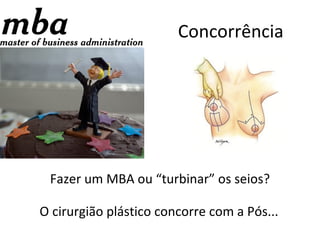 Concorrência




 Fazer um MBA ou “turbinar” os seios?

O cirurgião plástico concorre com a Pós...
 