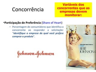 Variáveis dos
      Concorrência                          concorrentes que as
                                             empresas devem
                                                monitorar:

•Participação de Preferência (Share of Heart)
    – Porcentagem de consumidores que identifica o
      concorrente ao responder a solicitação:
      “Identifique a empresa da qual você prefere
      comprar o produto”.
 