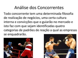Análise dos Concorrentes
Todo concorrente tem uma determinada filosofia
de realização de negócios, uma certa cultura
interna e convicções que o guiarão no mercado e
isto faz com que sejam identificadas quatro
categorias de padrões de reação a qual as empresas
se enquadrarão.
 