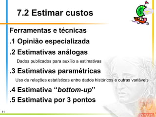 11
7.2 Estimar custos
Ferramentas e técnicas
.1 Opinião especializada
.2 Estimativas análogas
Dados publicados para auxílio a estimativas
.3 Estimativas paramétricas
Uso de relações estatísticas entre dados históricos e outras variáveis
.4 Estimativa “bottom-up”
.5 Estimativa por 3 pontos
 