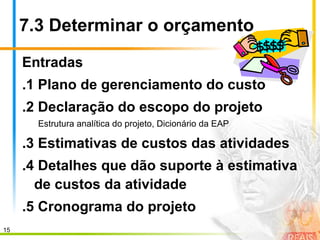 7.3 Determinar o orçamento
Entradas
.1 Plano de gerenciamento do custo
.2 Declaração do escopo do projeto
Estrutura analítica do projeto, Dicionário da EAP
.3 Estimativas de custos das atividades
.4 Detalhes que dão suporte à estimativa
de custos da atividade
.5 Cronograma do projeto
15
 