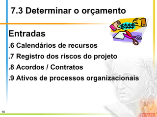 16
7.3 Determinar o orçamento
Entradas
.6 Calendários de recursos
.7 Registro dos riscos do projeto
.8 Acordos / Contratos
.9 Ativos de processos organizacionais
 