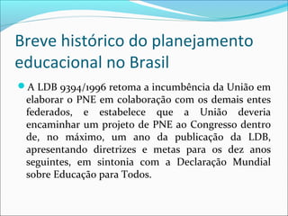 Breve histórico do planejamento
educacional no Brasil
A LDB 9394/1996 retoma a incumbência da União em
elaborar o PNE em colaboração com os demais entes
federados, e estabelece que a União deveria
encaminhar um projeto de PNE ao Congresso dentro
de, no máximo, um ano da publicação da LDB,
apresentando diretrizes e metas para os dez anos
seguintes, em sintonia com a Declaração Mundial
sobre Educação para Todos.
 
