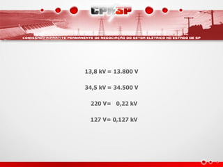 13,8 kV = 13.800 V
34,5 kV = 34.500 V
220 V= 0,22 kV
127 V= 0,127 kV
 