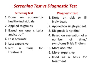 Screening Test vs Diagnostic Test
criteria
Screening test
1. Done on apparently
healthy individuals
2. Applied to groups
3. Based on one
and cut-off
4. Less accurate
5. Less expensive
6. Not a basis for
treatment
Diagnostic test
1. Done on sick or ill
individuals
2. Applied on single patient
3. Diagnosis is not final
4. Based on evaluation of a
number of signs/
symptoms & lab findings
5. More accurate
6. More expensive
7. Used as a basis for
treatment
 
