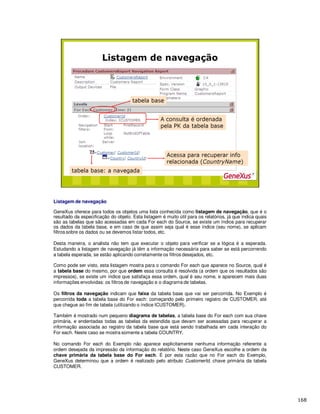 Listagem de navegação
GeneXus oferece para todos os objetos uma lista conhecida como listagem de navegação, que é o
resultado da especificação do objeto. Esta listagem é muito útil para os relatórios, já que indica quais
são as tabelas que são acessadas em cada For each do Source, se existe um índice para recuperar
os dados da tabela base, e em caso de que assim seja qual é esse índice (seu nome), se aplicam
filtros sobre os dados ou se devemos listar todos, etc.
Desta maneira, o analista não tem que executar o objeto para verificar se a lógica é a esperada.
Estudando a listagem de navegação já têm a informação necessária para saber se está percorrendo
a tabela esperada, se estão aplicando corretamente os filtros desejados, etc.
Como pode ser visto, esta listagem mostra para o comando For each que aparece no Source, qual é
a tabela base do mesmo, por que ordem essa consulta é resolvida (a ordem que os resultados são
impressos), se existe um índice que satisfaça essa ordem, qual é seu nome, e aparecem mais duas
informações envolvidas: os filtros de navegação e o diagrama de tabelas.
Os filtros da navegação indicam que faixa da tabela base que vai ser percorrida. No Exemplo é
percorrida toda a tabela base do For each: começando pelo primeiro registro de CUSTOMER, até
que chegue ao fim de tabela (utilizando o índice ICUSTOMER).
Também é mostrado num pequeno diagrama de tabelas, a tabela base do For each com sua chave
primária, e endentadas todas as tabelas da estendida que devam ser acessadas para recuperar a
informação associada ao registro da tabela base que está sendo trabalhada em cada interação do
For each. Neste caso se mostra somente a tabela COUNTRY.
No comando For each do Exemplo não aparece explicitamente nenhuma informação referente a
ordem desejada da impressão da informação do relatório. Neste caso GeneXus escolhe a ordem da
chave primária da tabela base do For each. É por esta razão que no For each do Exemplo,
GeneXus determinou que a ordem é realizado pelo atributo CustomerId, chave primária da tabela
CUSTOMER.
 