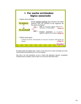 Da determinação das tabelas base, surgem os três casos de For eachs aninhados que foram
mencionados e que estudaremos um a um em seguida.
Este tema é de vital importância, já que a maioria das aplicações requerem navegações
complexas sobre as tabelas, onde se requer uma mistura de todos estes casos.
 
