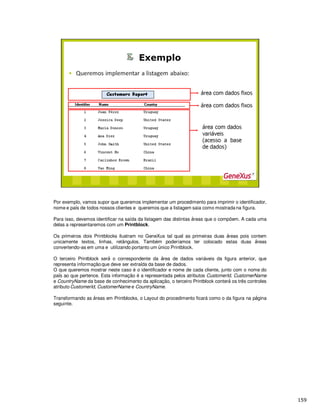 Por exemplo, vamos supor que queremos implementar um procedimento para imprimir o identificador,
nome e pa s de todos nossos clientes e queremos que a listagem saia como mostrada na figura.
Para isso, devemos identificar na saída da listagem das distintas reas que o compõem. A cada uma
delas a representaremos com um Printblock.
Os primeiros dois Printblocks ilustram no GeneXus tal qual as primeiras duas reas pois contem
unicamente textos, linhas, retângulos. Também poderíamos ter colocado estas duas reas
convertendo-as em uma e utilizando portanto um nico Printblock.
O terceiro Printblock ser o correspondente da rea de dados variáveis da figura anterior, que
representa informação que deve ser extra da da base de dados.
O que queremos mostrar neste caso é o identificador e nome de cada cliente, junto com o nome do
pa s ao que pertence. Esta informação é a representada pelos atributos CustomerId, CustomerName
e CountryName da base de conhecimento da aplicação, o terceiro Printblock conter os três controles
atributo CustomerId, CustomerName e CountryName.
Transformando as reas em Printblocks, o Layout do procedimento ficará como o da figura na p gina
seguinte.
 
