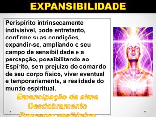 Perispírito intrinsecamente
indivisível, pode entretanto,
confirme suas condições,
expandir-se, ampliando o seu
campo de sensibilidade e a
percepção, possibilitando ao
Espírito, sem prejuizo do comando
de seu corpo físico, viver eventual
e temporariamente, a realidade do
mundo espiritual.
 