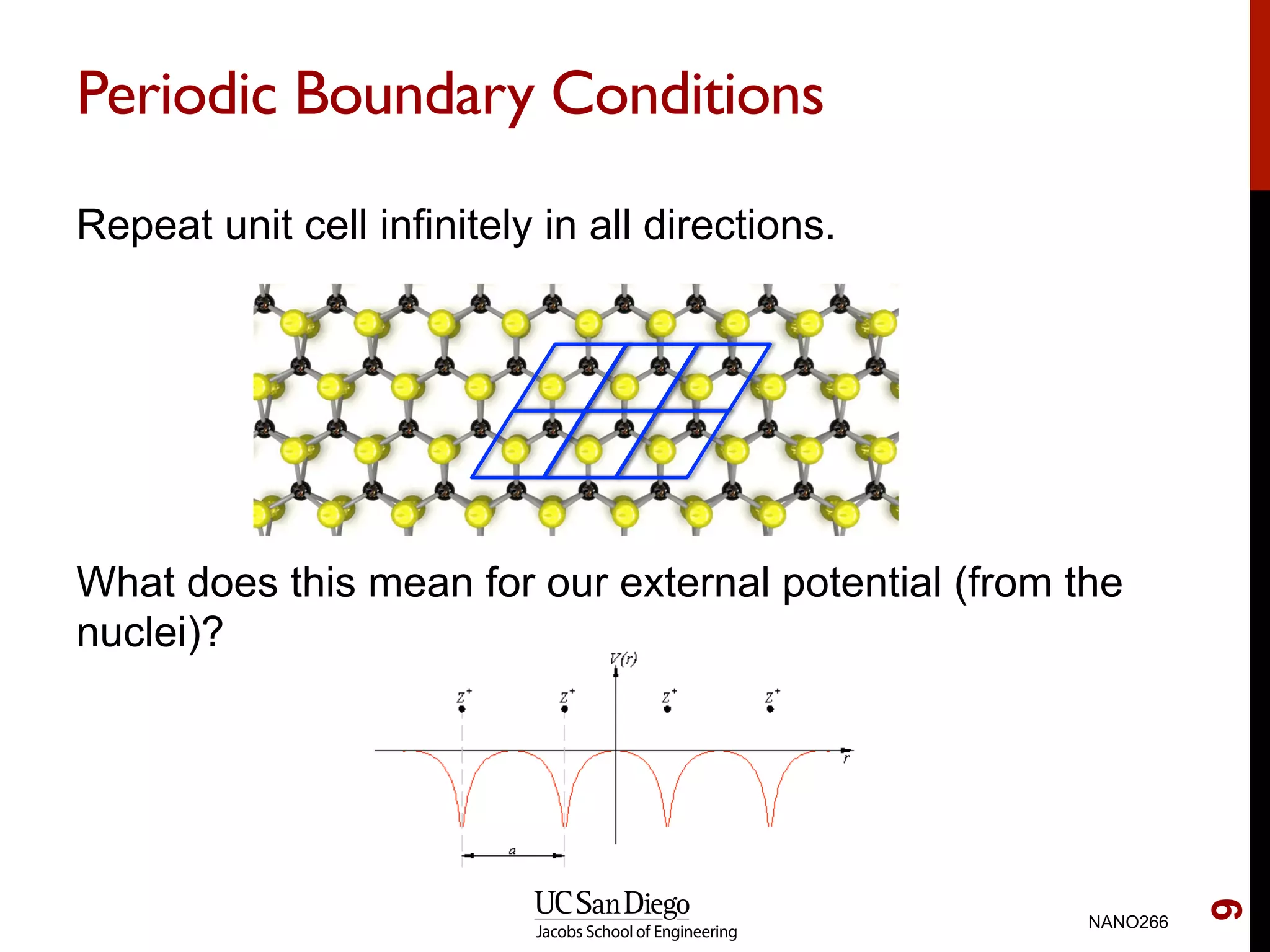 Periodic Boundary Conditions
Repeat unit cell infinitely in all directions.
What does this mean for our external potential (from the
nuclei)?
NANO266
9
 
