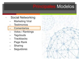 Principales Modelos
• Social Networking
– Marketing Viral
– Testimonios
– Comentarios
– Votos / Rankings
– Tagclouds
– Trackbacks
– Page Rank
– Sharing
– Seguidores
 