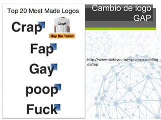 Cambio de logo
GAP
http://www.makeyourowngaplogo.com/log
os/top
 