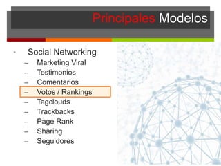 Principales Modelos
• Social Networking
– Marketing Viral
– Testimonios
– Comentarios
– Votos / Rankings
– Tagclouds
– Trackbacks
– Page Rank
– Sharing
– Seguidores
 