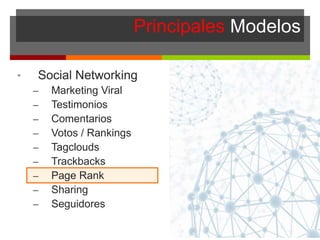 Principales Modelos
• Social Networking
– Marketing Viral
– Testimonios
– Comentarios
– Votos / Rankings
– Tagclouds
– Trackbacks
– Page Rank
– Sharing
– Seguidores
 