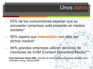 Unos datos
- 93% de los consumidores esperan que su
proveedor (empresa) esté presente en medios
sociales*
- 85% espera que interactúen con ellos por
dichos medios*
- 94% grandes empresas utilizan servicios de
monitoreo de CGM (Content Generated Media)**
*Cone Business Study 2008 - Extraído del ebook Strategically Social, de Brent Leary
**Aberdeen Group, Febrero/2008
 