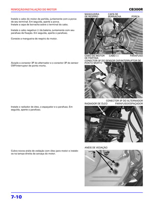 REMOÇÃO/INSTALAÇÃO DO MOTOR                                                                  CB300R
                                                               MANGUEIRA          CAPA DE
                                                               DE RESPIRO         BORRACHA     PORCA
Instale o cabo do motor de partida, juntamente com a porca
de seu terminal. Em seguida, aperte a porca.
Instale a capa de borracha sobre o terminal do cabo.

Instale o cabo negativo (-) da bateria, juntamente com seu
parafuso de fixação. Em seguida, aperte o parafuso.

Conecte a mangueira de respiro do motor.




                                                               CABO DO MOTOR    CABO (-)       PARAFUSO
                                                               DE PARTIDA
                                                               CONECTOR 3P DO SENSOR CKP/INTERRUPTOR DE
Acople o conector 3P do alternador e o conector 3P do sensor   PONTO MORTO
CKP/interruptor de ponto morto.




                                                                              CONECTOR 3P DO ALTERNADOR
                                                               RADIADOR DE ÓLEO     PARAFUSO/ESPAÇADOR
Instale o radiador de óleo, o espaçador e o parafuso. Em
seguida, aperte o parafuso.




                                                               ANÉIS DE VEDAÇÃO
Cubra novos anéis de vedação com óleo para motor e instale-
os na tampa direita da carcaça do motor.




7-10
 