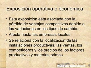 Exposición operativa o económica   Esta exposición está asociada con la pérdida de ventajas competitivas debido a las variaciones en los tipos de cambio. Afecta hasta las empresas locales. Se relaciona con la localización de las instalaciones productivas, las ventas, los competidores y los precios de los factores productivos y materias primas. 