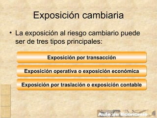 Exposición cambiaria La exposición al riesgo cambiario puede ser de tres tipos principales: Exposición por transacción Exposición operativa o exposición económica Exposición por traslación o exposición contable 