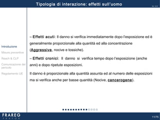 11/75
Ed. 14.01
‒ Effetti acuti: Il danno si verifica immediatamente dopo l’esposizione ed è
generalmente proporzionale alla quantità ed alla concentrazione
(Aggressive, nocive e tossiche).
‒ Effetti cronici: Il danno si verifica tempo dopo l’esposizione (anche
anni) e dopo ripetute esposizioni.
Il danno è proporzionale alla quantità assunta ed al numero delle esposizioni
ma si verifica anche per basse quantità (Nocive, cancerogene).
Misure preventive
Introduzione
Comunicazione del
pericolo
Reach & CLP
Regolamento UE
Tipologia di interazione: effetti sull’uomo
 