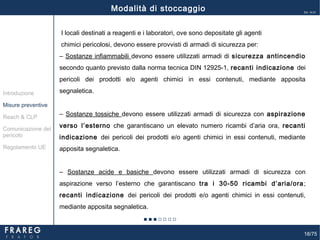 18/75
Ed. 14.01
I locali destinati a reagenti e i laboratori, ove sono depositate gli agenti
chimici pericolosi, devono essere provvisti di armadi di sicurezza per:
‒ Sostanze infiammabili devono essere utilizzati armadi di sicurezza antincendio
secondo quanto previsto dalla norma tecnica DIN 12925-1, recanti indicazione dei
pericoli dei prodotti e/o agenti chimici in essi contenuti, mediante apposita
segnaletica.
‒ Sostanze tossiche devono essere utilizzati armadi di sicurezza con aspirazione
verso l’esterno che garantiscano un elevato numero ricambi d’aria ora, recanti
indicazione dei pericoli dei prodotti e/o agenti chimici in essi contenuti, mediante
apposita segnaletica.
‒ Sostanze acide e basiche devono essere utilizzati armadi di sicurezza con
aspirazione verso l’esterno che garantiscano tra i 30-50 ricambi d’aria/ora;
recanti indicazione dei pericoli dei prodotti e/o agenti chimici in essi contenuti,
mediante apposita segnaletica.
Misure preventive
Introduzione
Comunicazione del
pericolo
Reach & CLP
Regolamento UE
Modalità di stoccaggio
 