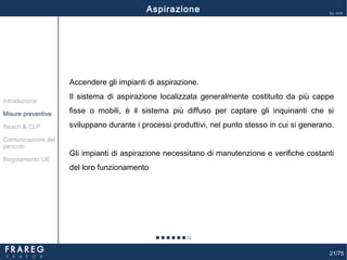 21/75
Ed. 14.01
Accendere gli impianti di aspirazione.
Il sistema di aspirazione localizzata generalmente costituito da più cappe
fisse o mobili, è il sistema più diffuso per captare gli inquinanti che si
sviluppano durante i processi produttivi, nel punto stesso in cui si generano.
Gli impianti di aspirazione necessitano di manutenzione e verifiche costanti
del loro funzionamento
Misure preventive
Introduzione
Comunicazione del
pericolo
Reach & CLP
Regolamento UE
Aspirazione
 