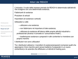 27/75
Ed. 14.01
L'industria Il ruolo delle imprese previsto da REACH è determinato dall'attività
che svolgono con una determinata sostanza.
Fabbricanti di sostanze
Produttori di articoli
Importatori (di sostanze e articoli)
Utilizzatori a valle
‒ utilizzano una sostanza;
‒ non fabbricano né importano di tale sostanza;
‒ utilizzano la sostanza all’interno delle proprie attività industriali o
professionali (diverso il concetto di “consumatore finale”).
‒ trasferiscono sostanze e preparati in altri contenitori e rivendono con
proprio marchio
I distributori non sono utilizzatori
Tra i distributori abbiamo i rivenditori di sostanze/preparati (compresi quelli che
appongono il loro marchio però senza trasferire il preparato in un nuovo
contenitore) e le aziende che effettuano un’attività di trading puro.
Attori del REACH
Misure preventive
Introduzione
Comunicazione del
pericolo
Reach & CLP
Regolamento UE
 