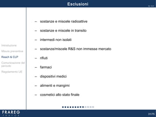31/75
Ed. 14.01
31
‒ sostanze e miscele radioattive
‒ sostanze e miscele in transito
‒ intermedi non isolati
‒ sostanze/miscele R&S non immesse mercato
‒ rifiuti
‒ farmaci
‒ dispositivi medici
‒ alimenti e mangimi
‒ cosmetici allo stato finale
Esclusioni
Misure preventive
Introduzione
Comunicazione del
pericolo
Reach & CLP
Regolamento UE
 