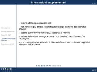 45/75
Ed. 14.01
45
‒ fornire ulteriori precisazioni utili;
‒ non rendere più difficile l’identificazione degli elementi dell’etichetta
previsti;
‒ essere coerenti con classificaz. sostanza o miscela
‒ evitare indicazioni incongrue come “non tossico”, “non dannoso” o
“ecologico”;
‒ non contraddire o mettere in dubbio le informazioni contenute negli altri
elementi dell’etichetta
Misure preventive
Introduzione
Comunicazione del
pericolo
Reach & CLP
Regolamento UE
Informazioni supplementari
 