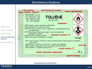50/75
Ed. 14.01
Misure preventive
Introduzione
Comunicazione del
pericolo
Reach & CLP
Regolamento UE
Etichettatura Sostanze
 