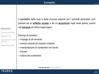 8/75
Ed. 14.01
Il contatto della cute o delle mucose esterne con i prodotti pericolosi, può
portare ad un effetto locale o ad un accumulo negli strati grassi, quindi
nel sangue ed infine negli organi.
Esempi di contatto:
‒ impiego di oli minerali
‒ schizzi causati da reazioni violente
‒ manipolazione di contenitori non lavati
‒ travasi
‒ rotture dei contenitori
9
Contatto
Misure preventive
Introduzione
Comunicazione del
pericolo
Reach & CLP
Regolamento UE
 
