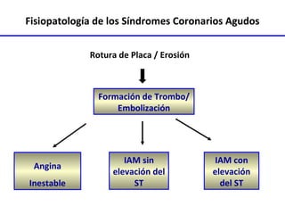 Fisiopatología de los Síndromes Coronarios Agudos Rotura de Placa / Erosión Formación de Trombo/Embolización Angina Inestable IAM sin elevación del ST IAM con elevación del ST 